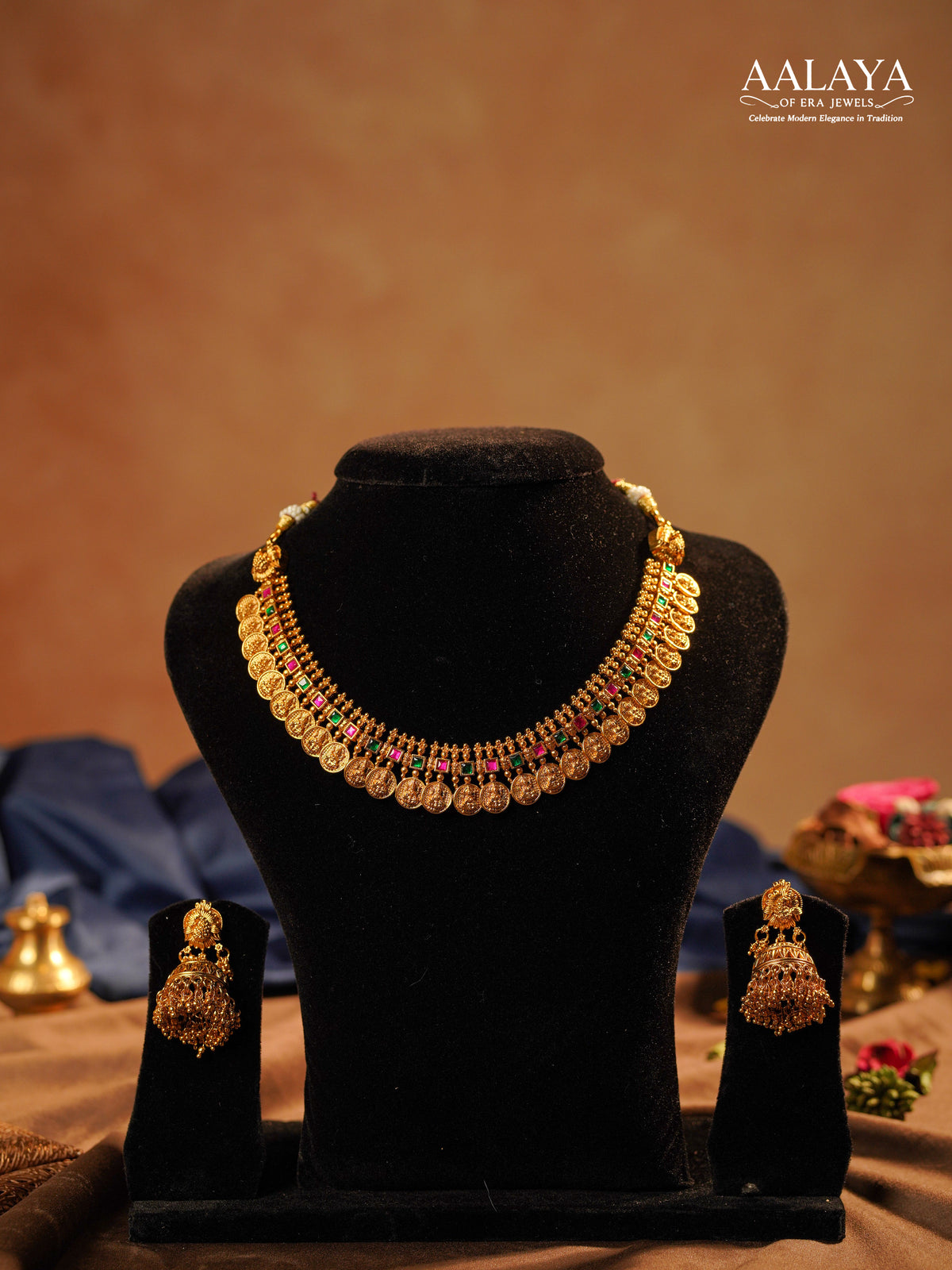 Aalaya Heritage Lakshmi Coin Ruby & Emerald Necklace Set