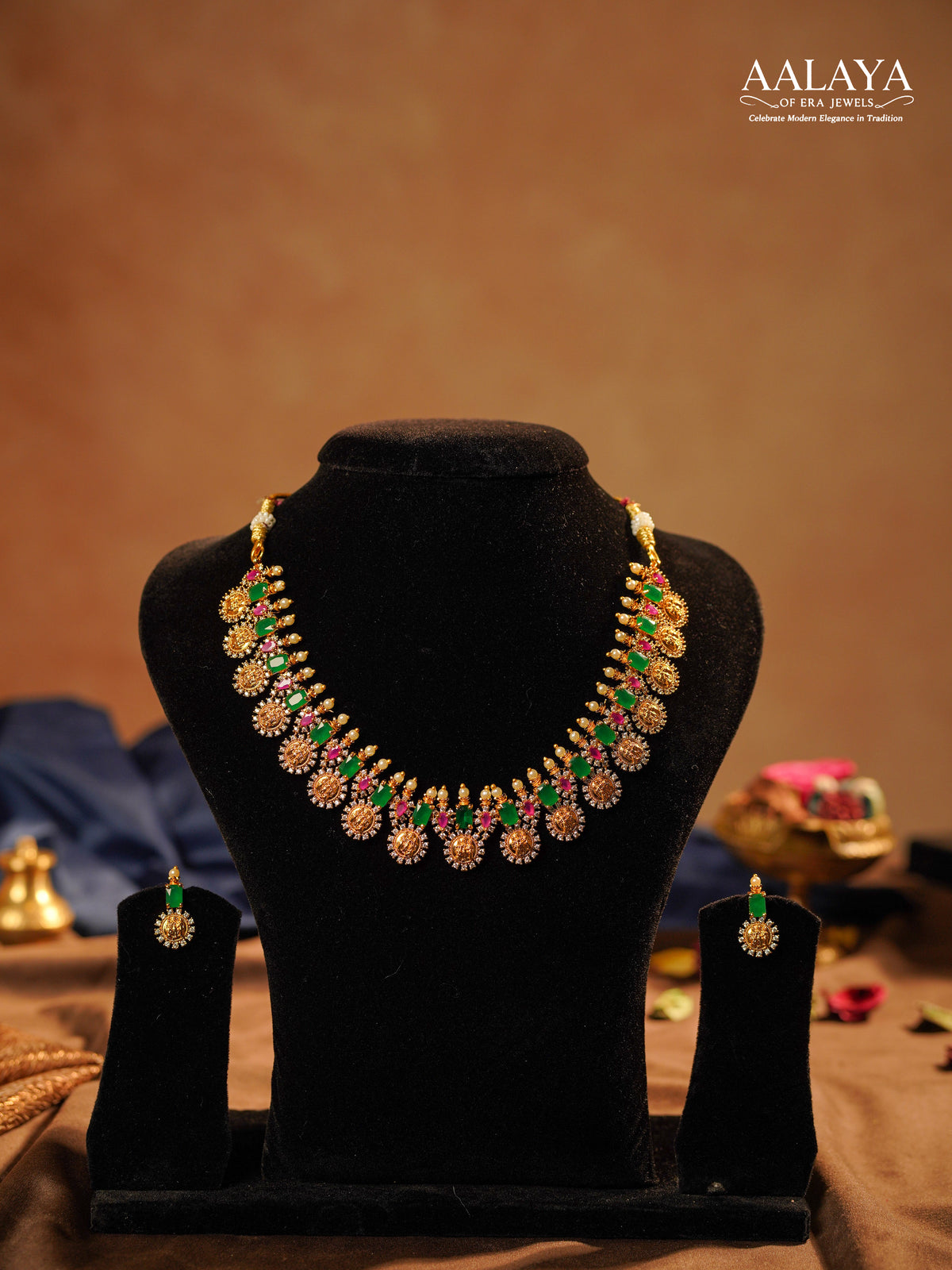 Aalaya Royal Lakshmi Coin Ruby Emerald Pearl Necklace Set