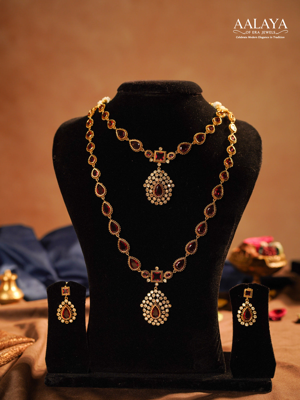 Regal Ruby Diamond Teardrop Haaram Set