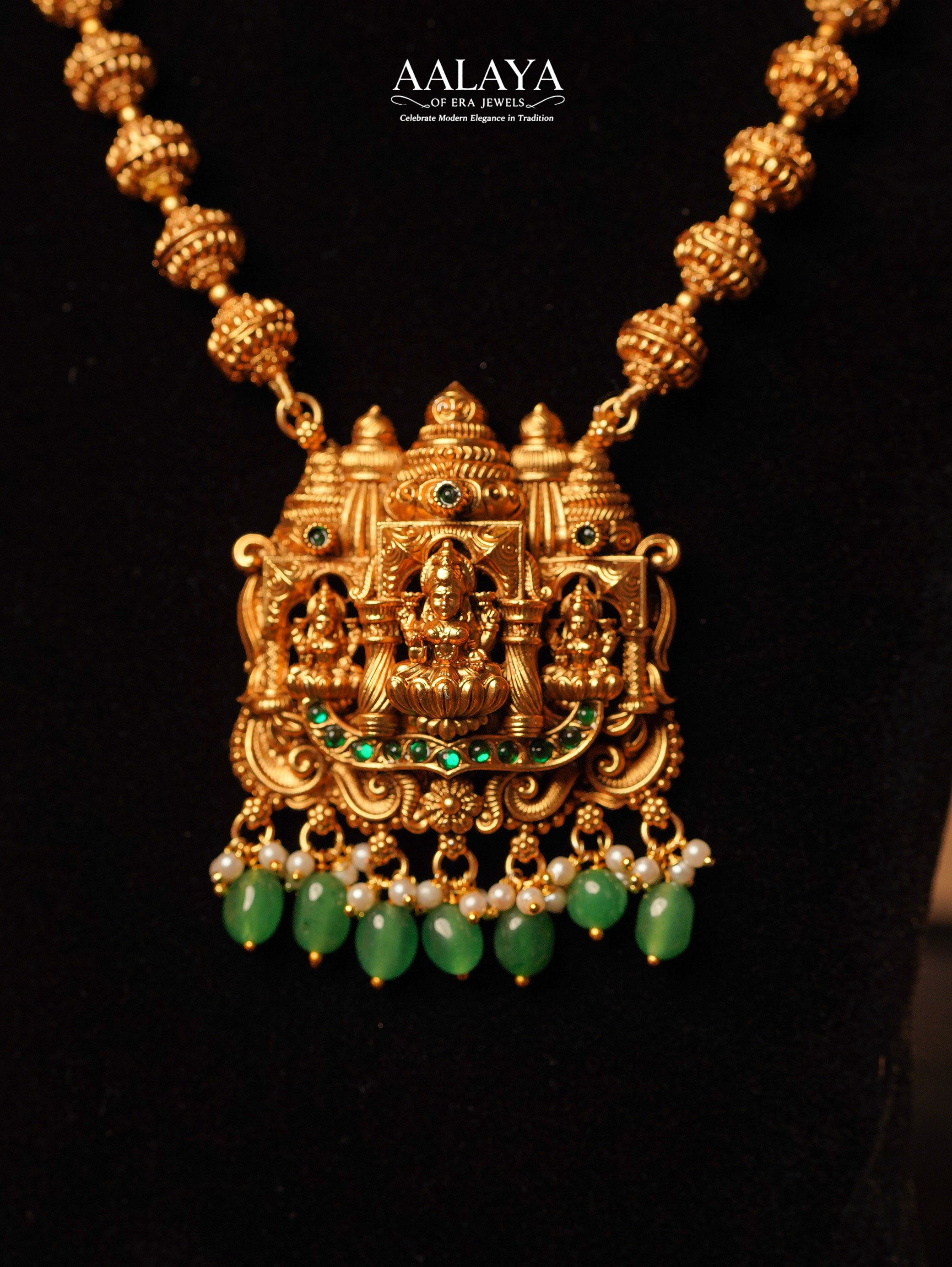 Divine Temple Lakshmi Emerald Rice Pearls Haaram Set