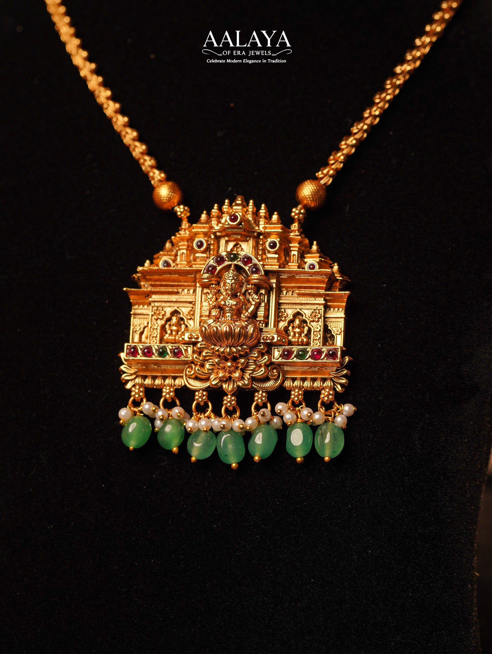 Grand Temple Lakshmi Emerald Green Beads Haaram Set
