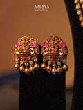 Multi-Layered Antique Gold Beaded Ruby Lakshmi Motif Haaram Set