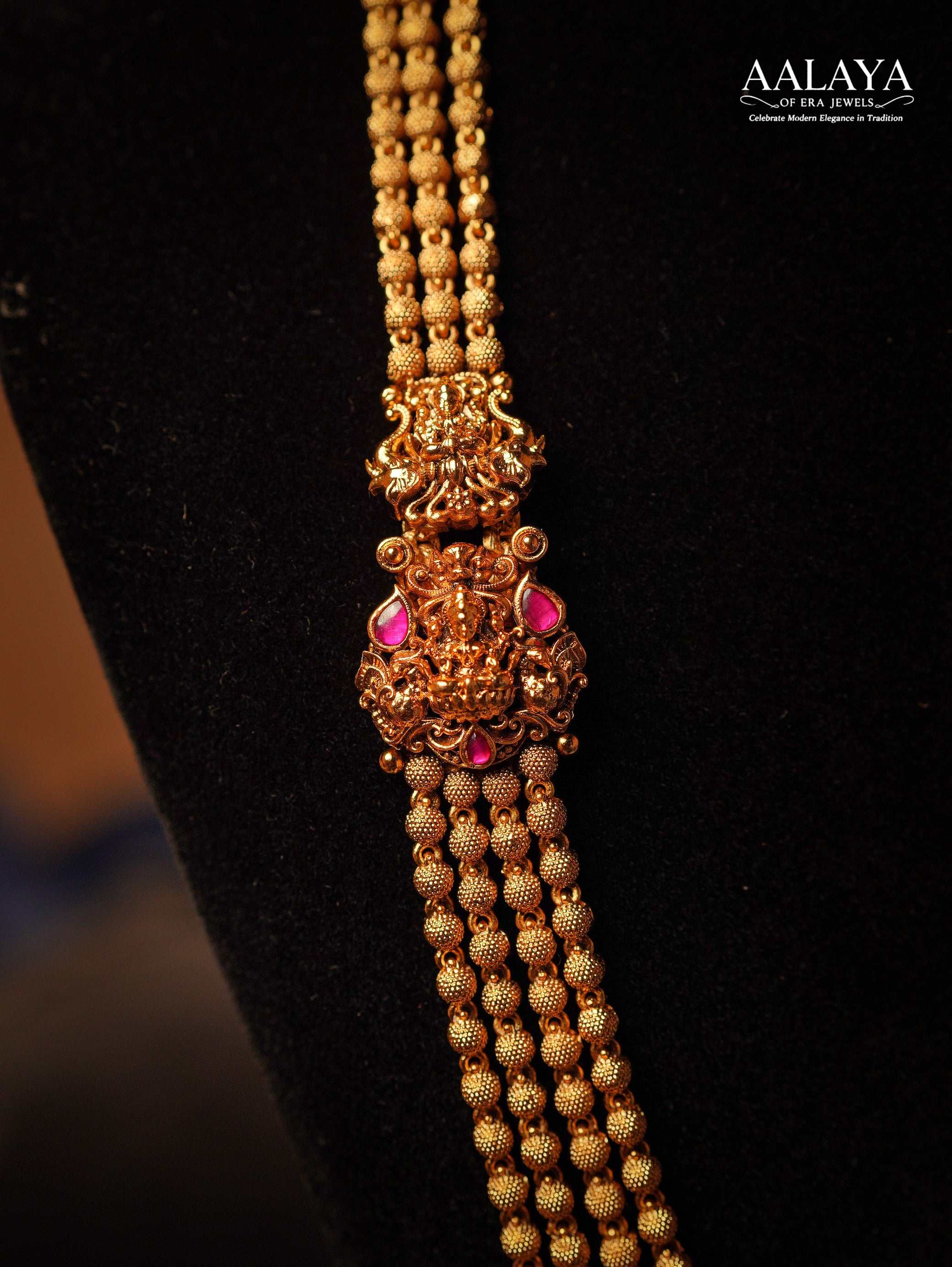 Multi-Layered Antique Gold Beaded Ruby Lakshmi Motif Haaram Set
