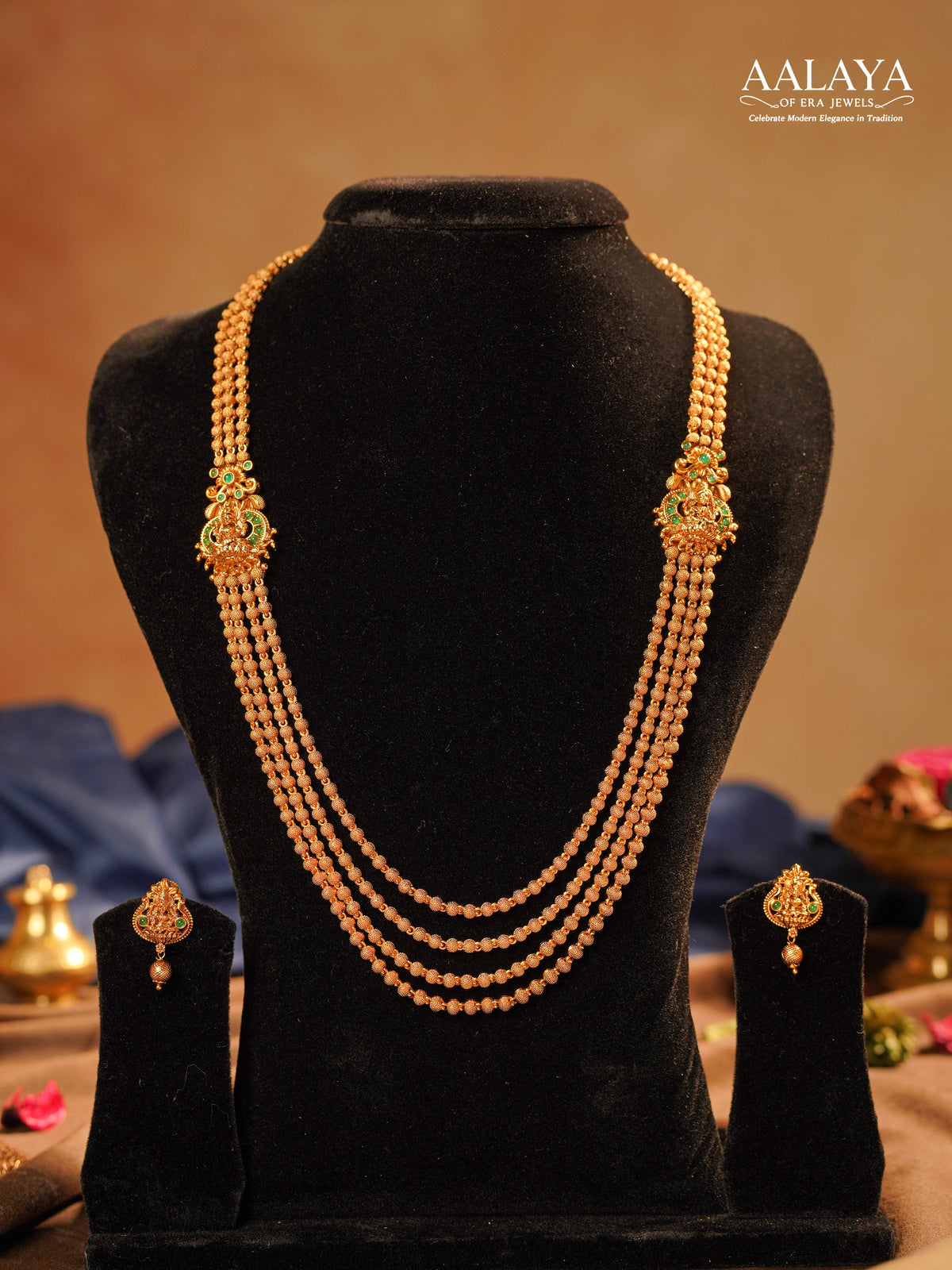Multi-Layered Antique Gold Beaded Emerald Lakshmi Motif Haaram Set