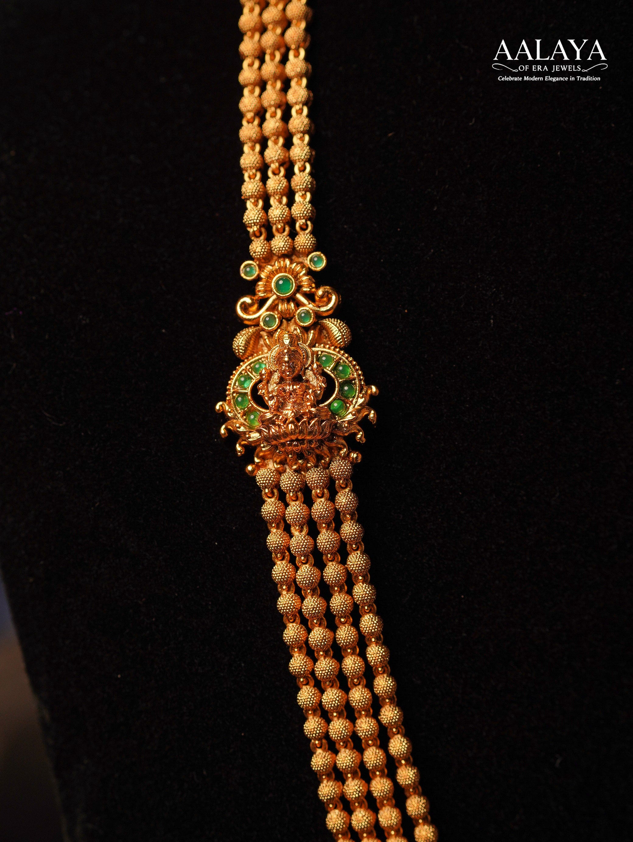 Multi-Layered Antique Gold Beaded Emerald Lakshmi Motif Haaram Set