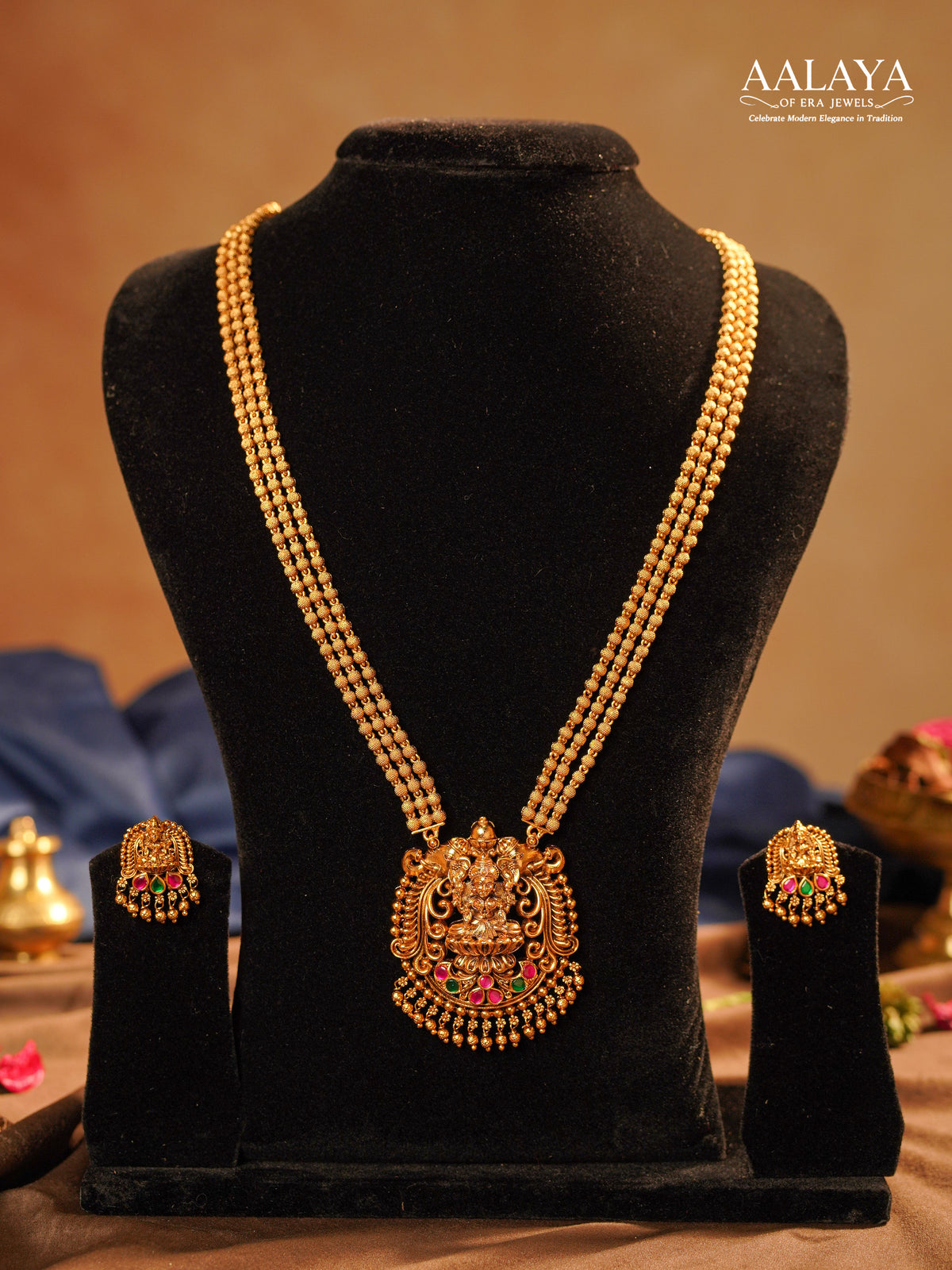 Antique Gold Beaded Ruby Emerald Lakshmi Pendant Haaram Set