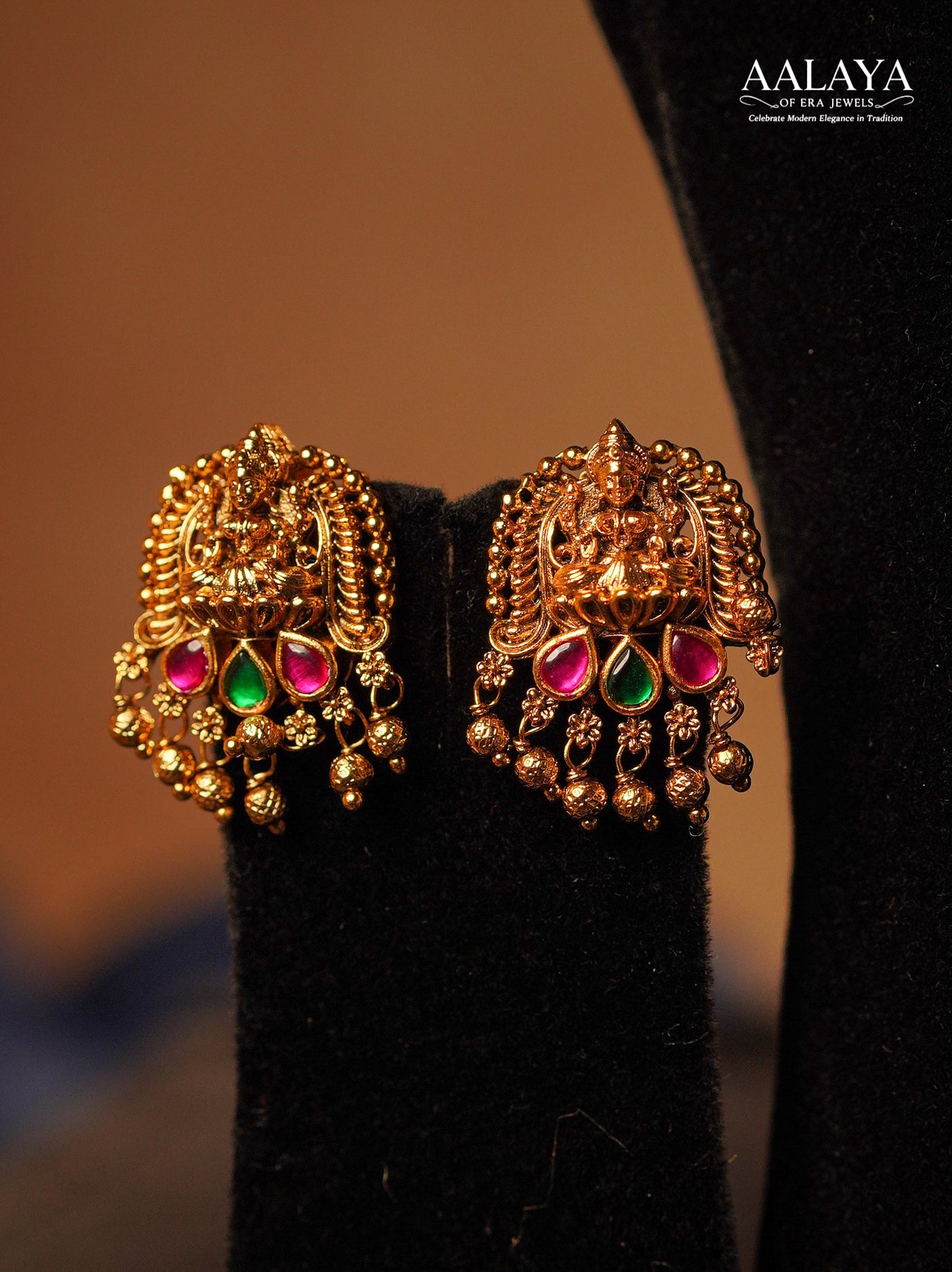 Antique Gold Beaded Ruby Emerald Lakshmi Pendant Haaram Set