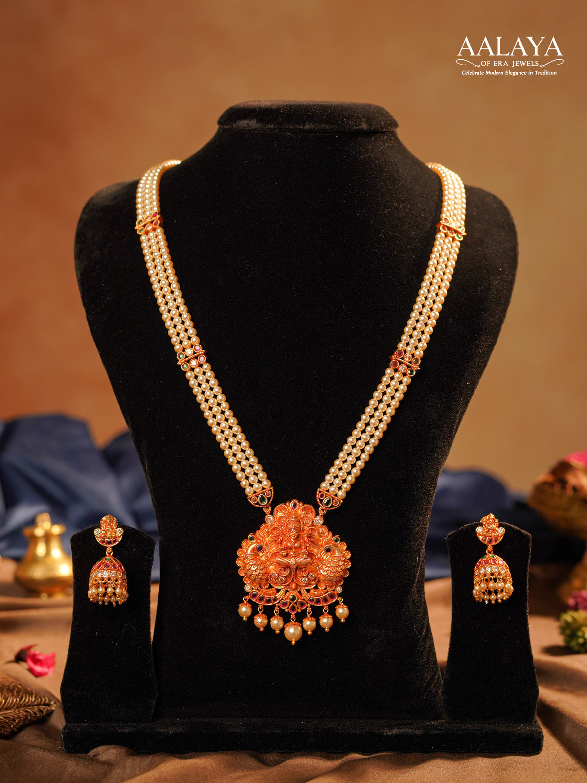 Three Layered Pearl Lakshmi Pendant Haaram Set