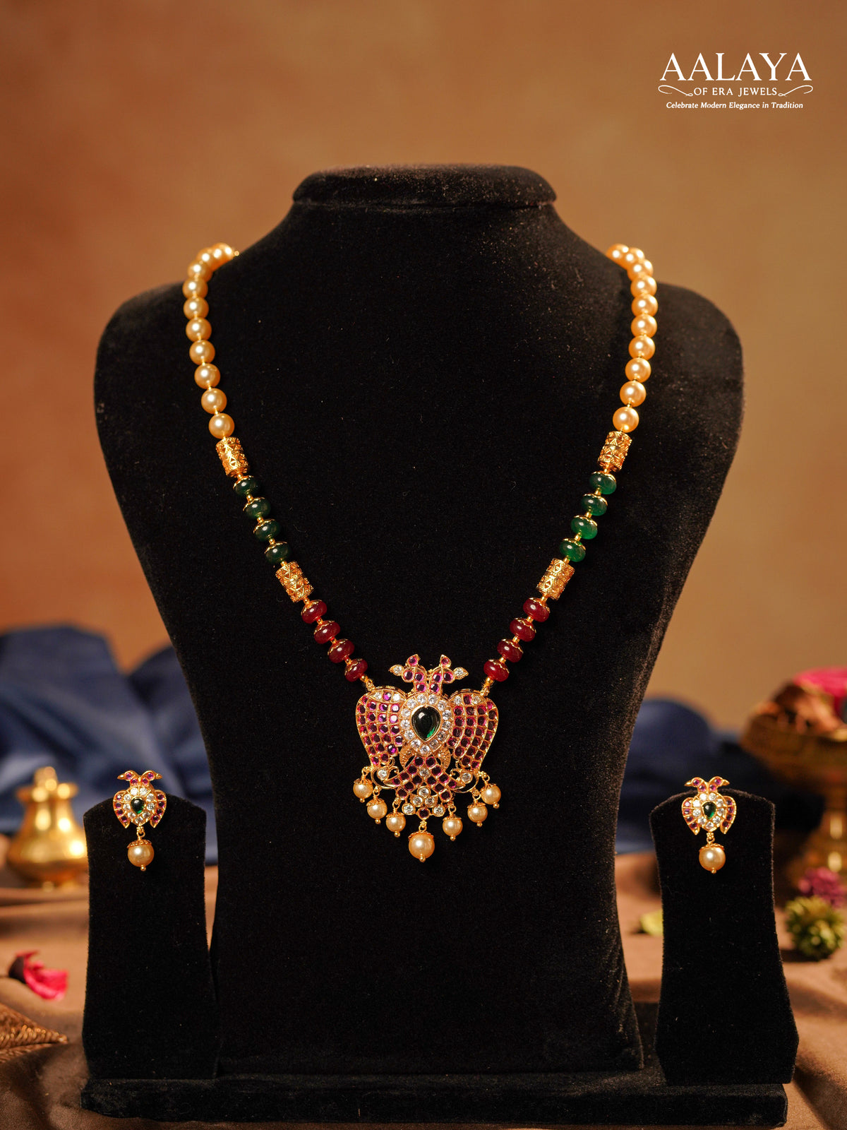 Ruby Emerald Garuda Kundan Pendant Pearl Mala Haaram Set