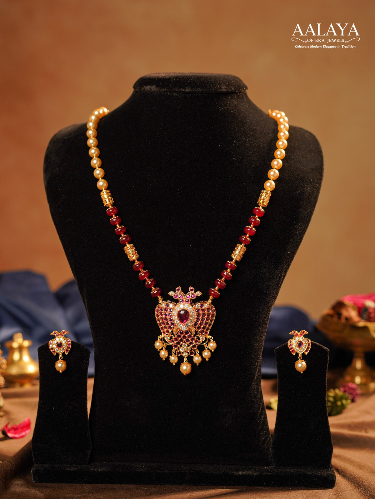 Ruby Garuda Kundan Pendant Pearl Mala Haaram Set