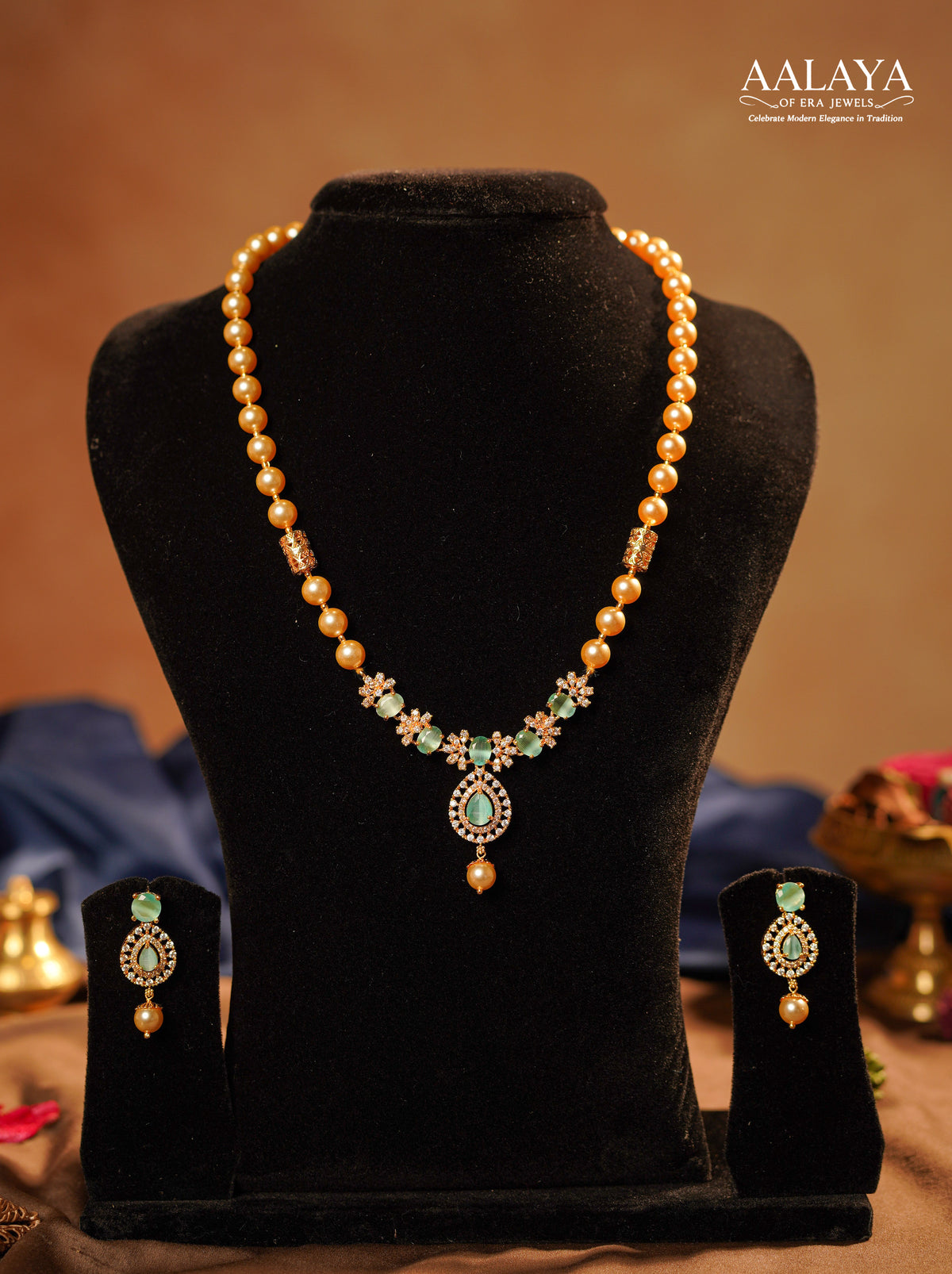 Sea Green Blue Blush Stone Floral Pendant Pearl Necklace Set