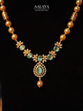 Sea Green Blue Blush Stone Floral Pendant Pearl Necklace Set