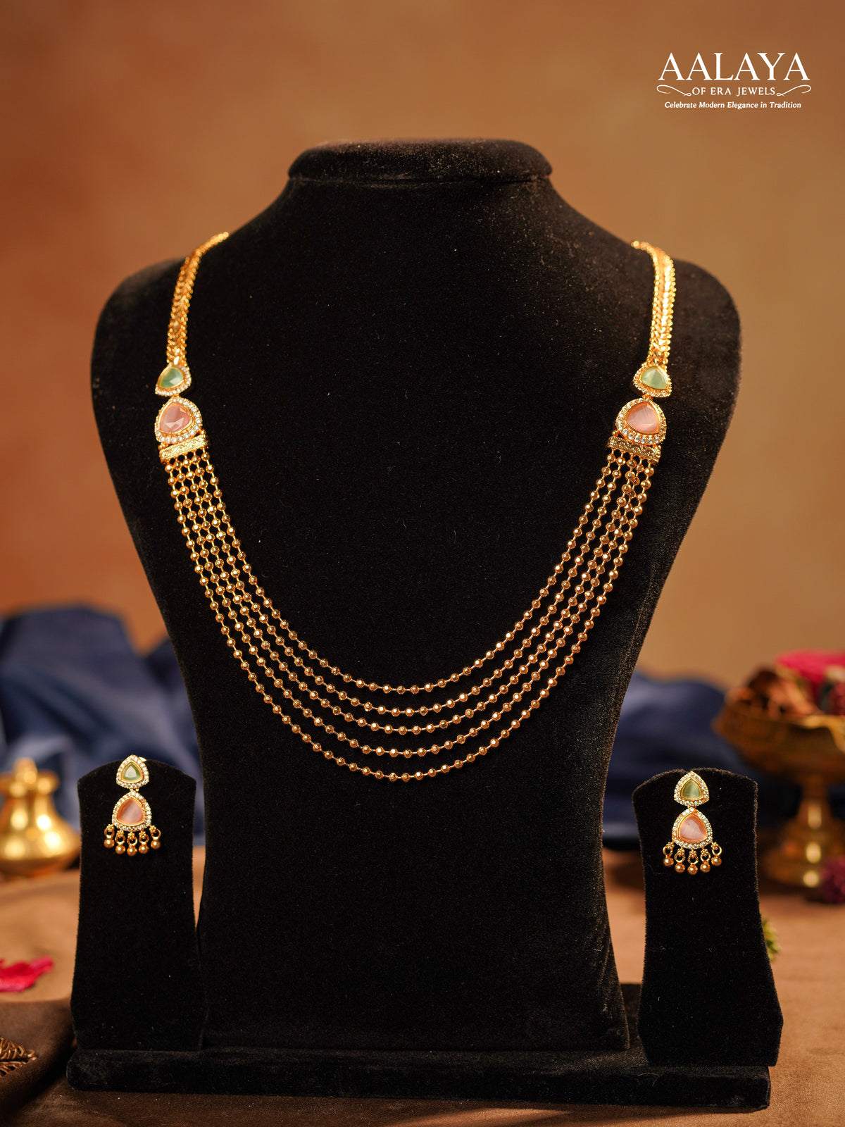 Multi-Layered Gold Chain with Pastel Stone Haaram Set