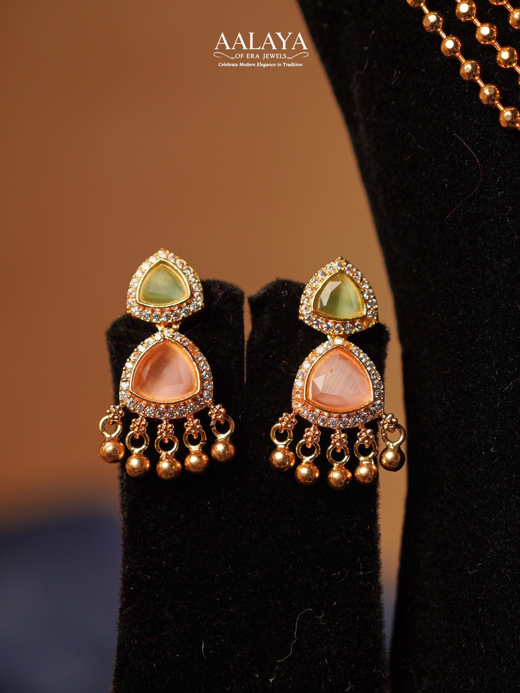 Multi-Layered Gold Chain with Pastel Stone Haaram Set