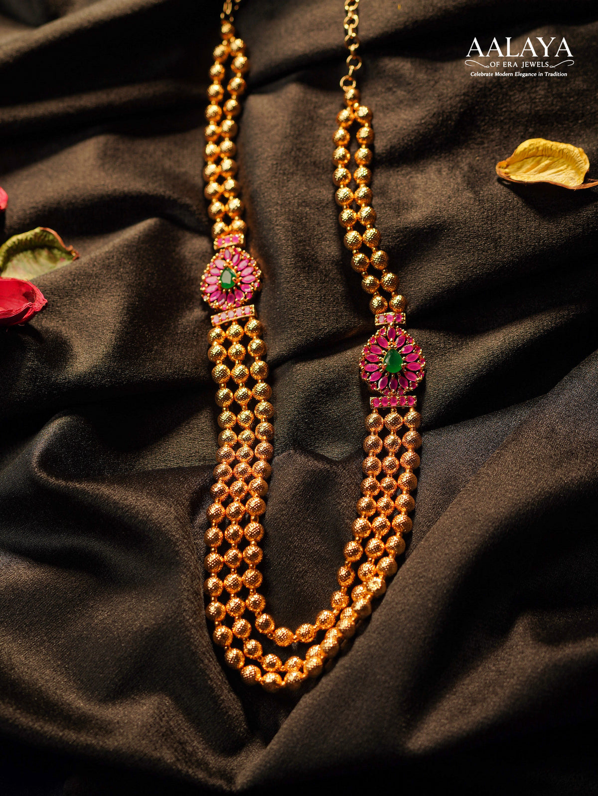 Antique Gold Beaded Ruby & Emerald Floral Motif Haaram