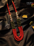 Red & Green Beaded Heritage Diamond Crystal Floral Mala Necklace