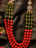 Red & Green Beaded Heritage Diamond Crystal Floral Mala Necklace