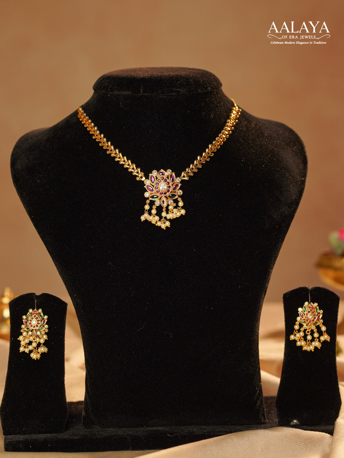 Ruby Emerald Lotus Pendant Leaf Chain Necklace Set