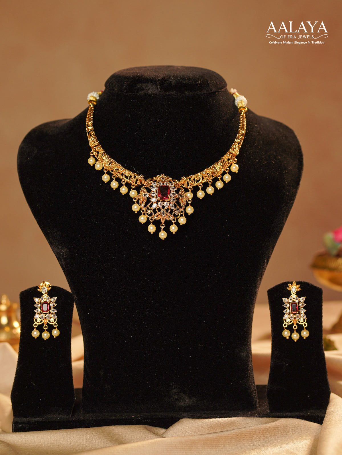 Floral Ruby Diamond Pearl Hasli Necklace Set