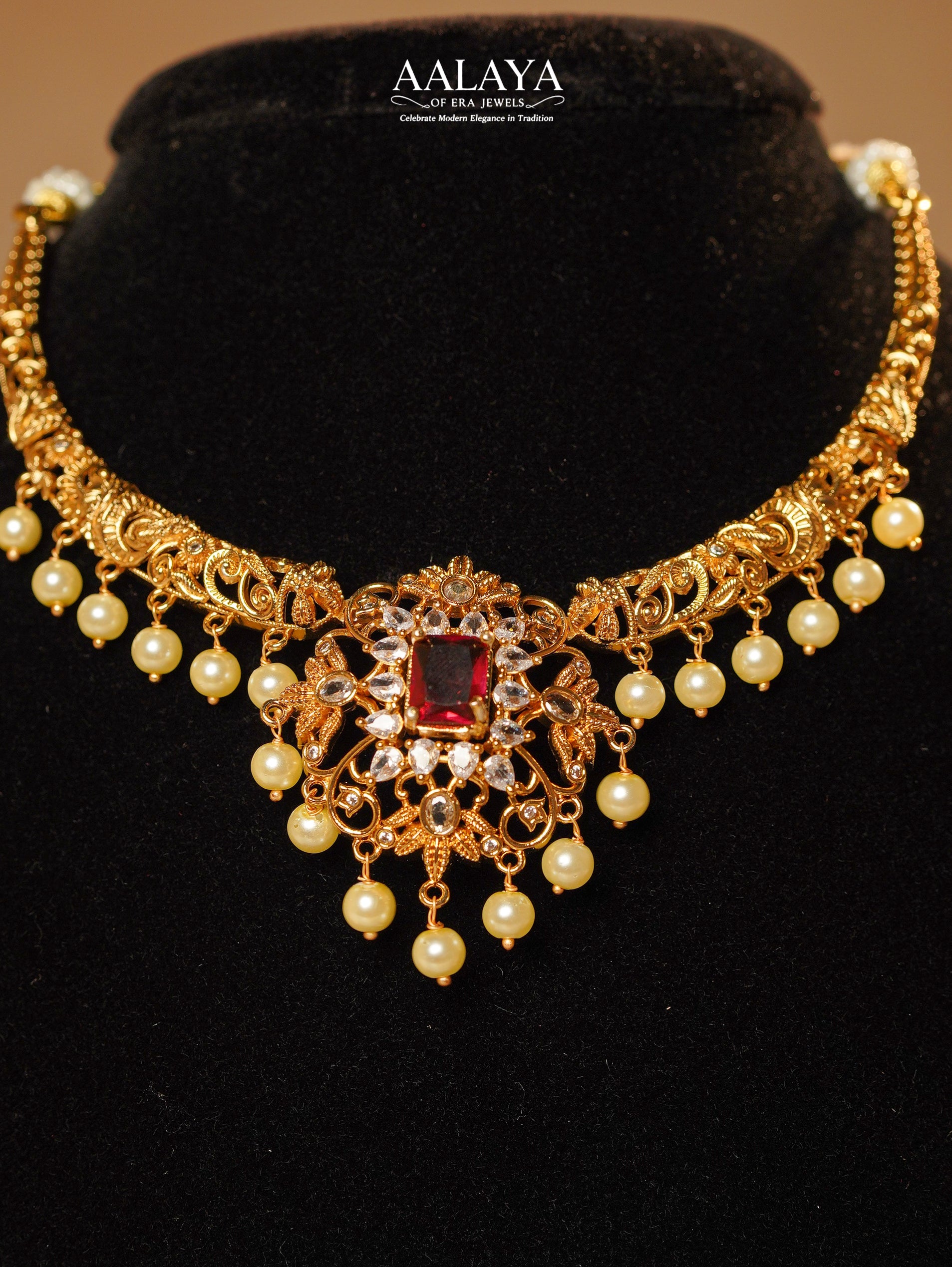 Floral Ruby Diamond Pearl Hasli Necklace Set