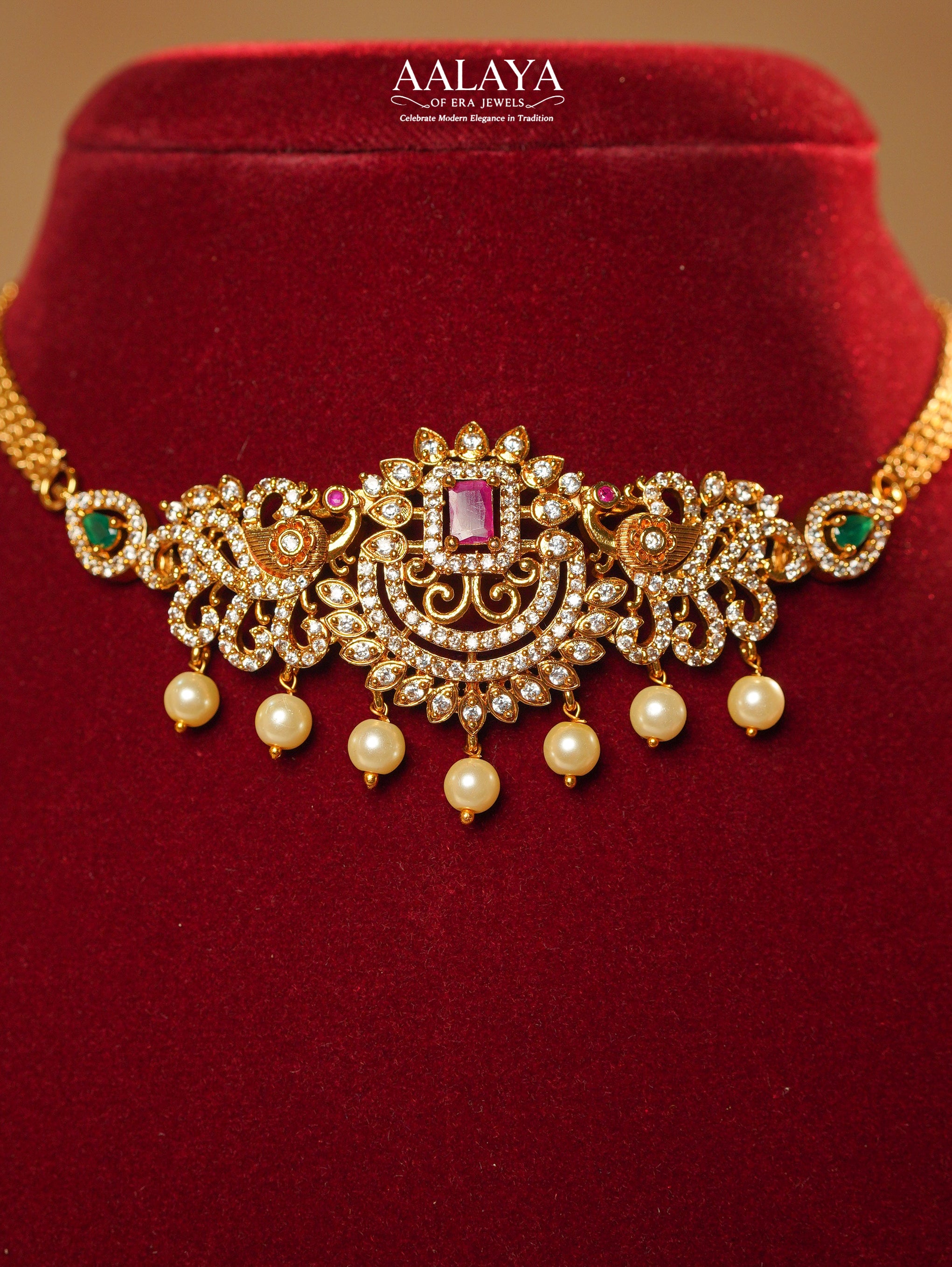 Heritage Ruby Emerald Floral Peacock Choker Necklace Set