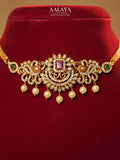 Heritage Ruby Emerald Floral Peacock Choker Necklace Set