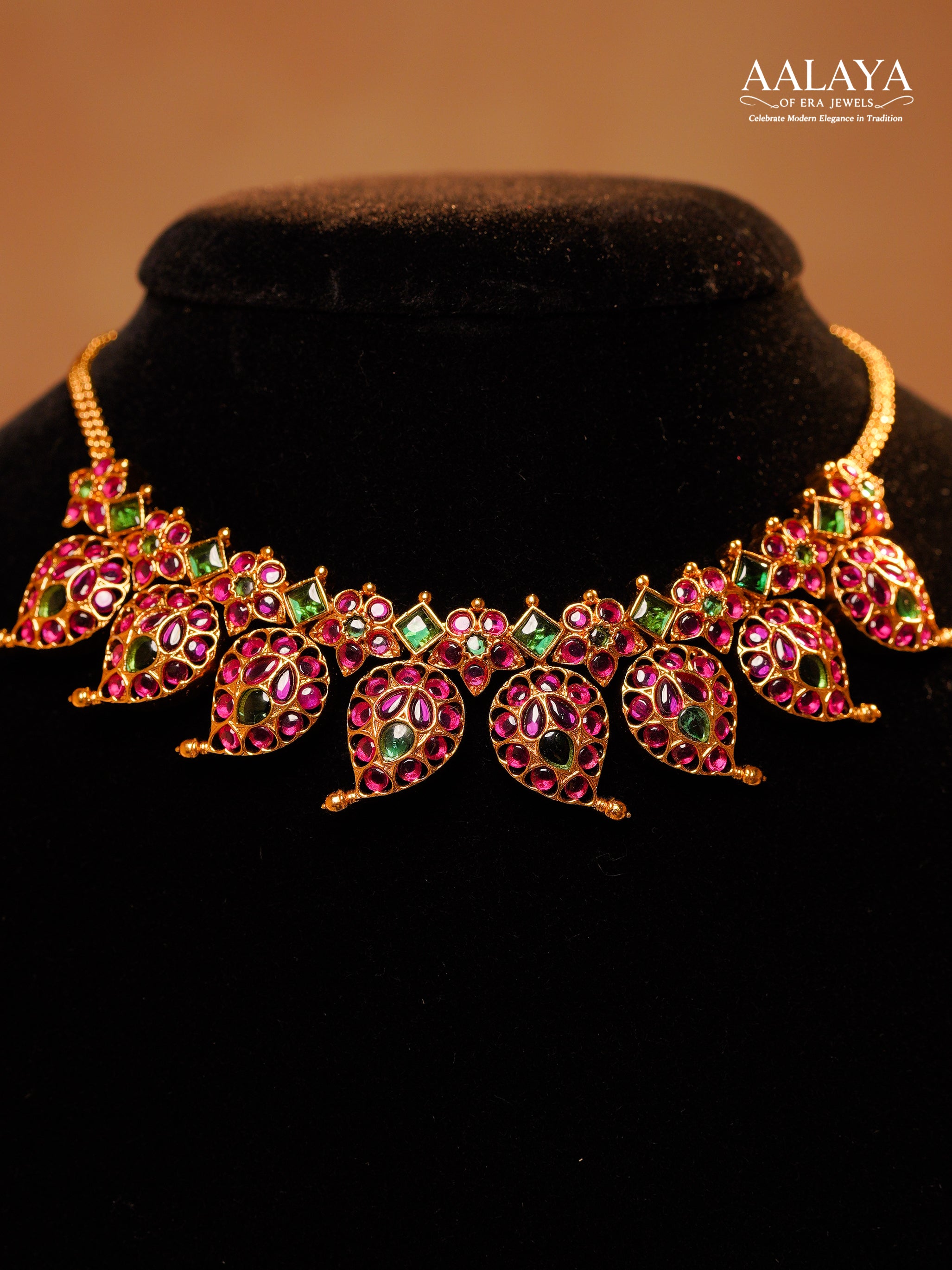 Aalaya Mango Kundan Ruby Emerald Gold Choker Set