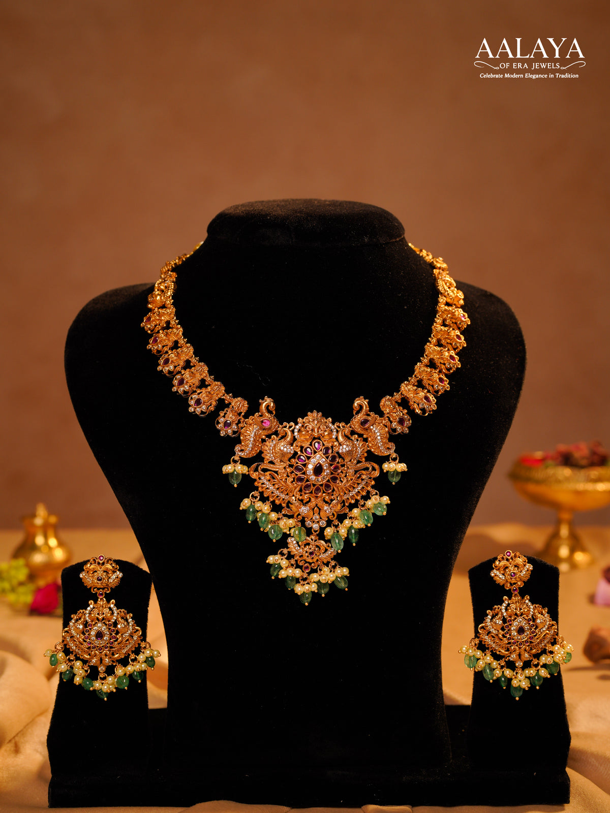 Aalaya Royal Peacock Motif Emerald Pearl Temple Necklace Set