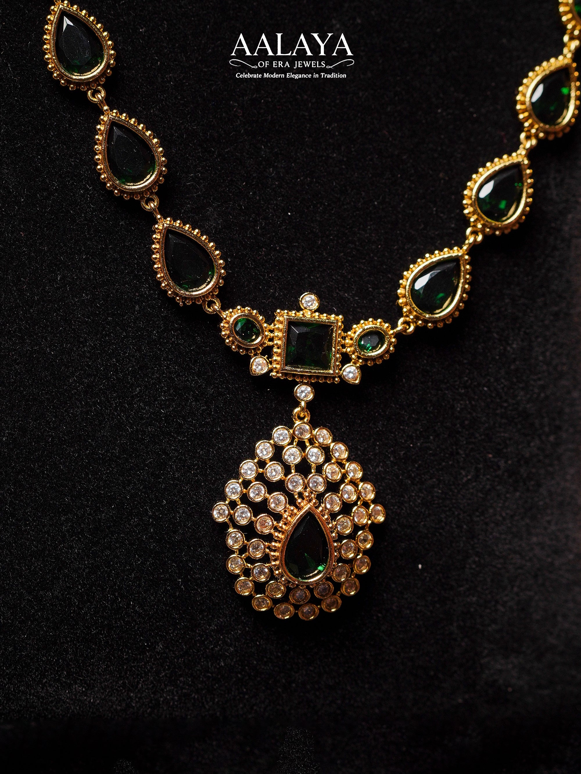 Regal Emerald Teardrop Haaram Set with Kundan Accents