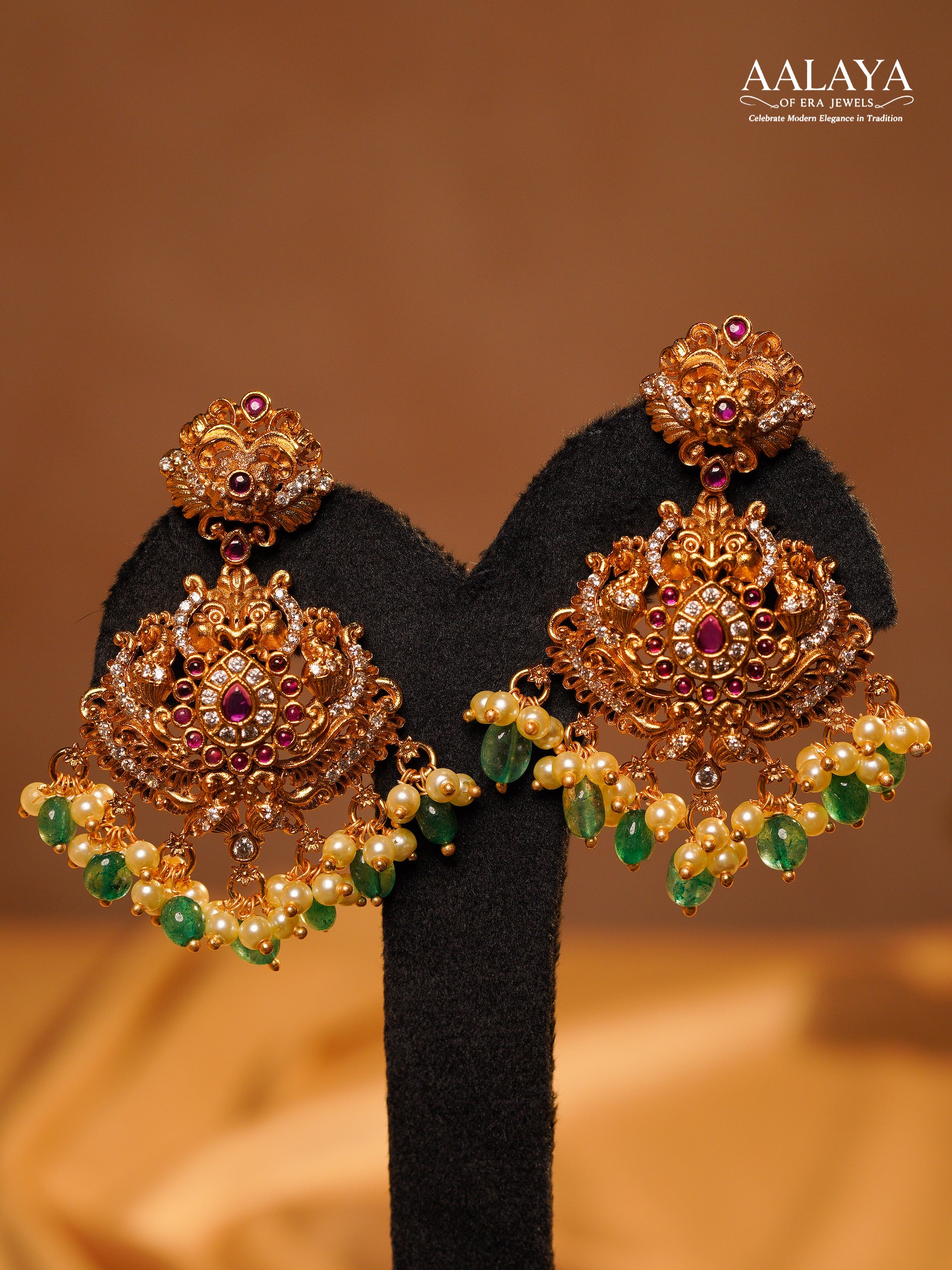 Aalaya Royal Peacock Motif Emerald Pearl Temple Necklace Set