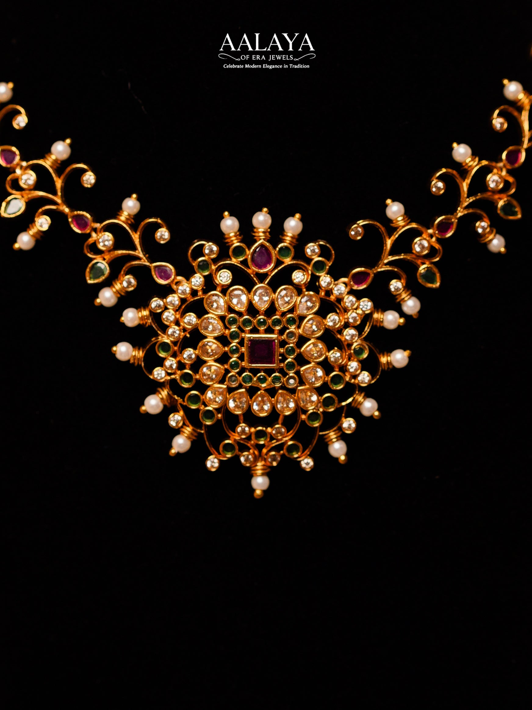 Aalaya Pearl & Floral Filigree Antique Gold Necklace Set