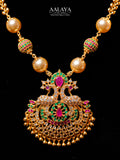 Aalaya Pearl Peacock Ruby Emerald Pendant Mala Necklace