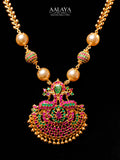 Aalaya Pearl Peacock Ruby Emerald Pendant Mala Necklace