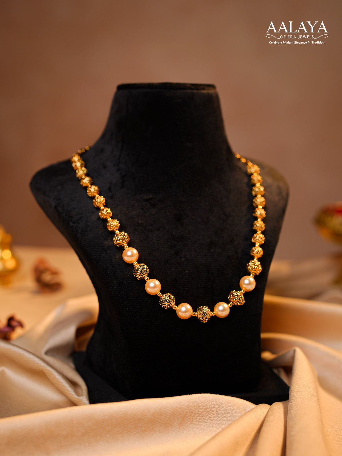 Aalaya Antique Gold Pearl Bead Mala Necklace