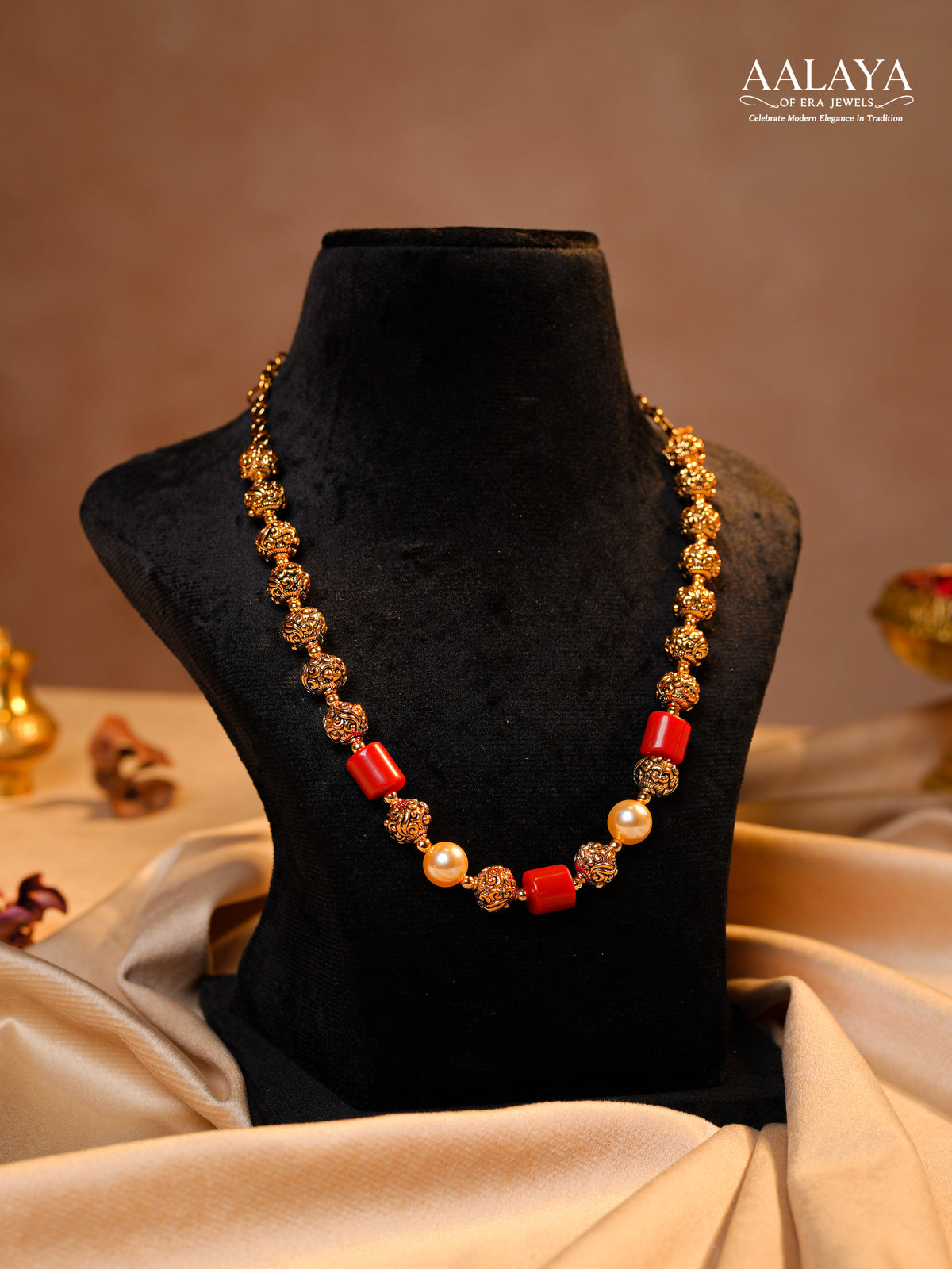 Aalaya Coral Bead & Pearl Accent Antique Gold Mala Necklace