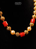 Aalaya Coral Bead & Pearl Accent Antique Gold Mala Necklace