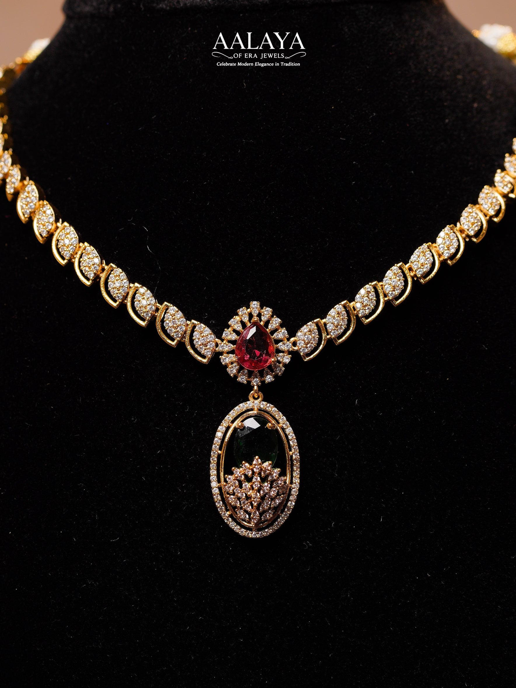 Aalaya Ruby Drop Ruby Emerald Oval Motif Necklace Set