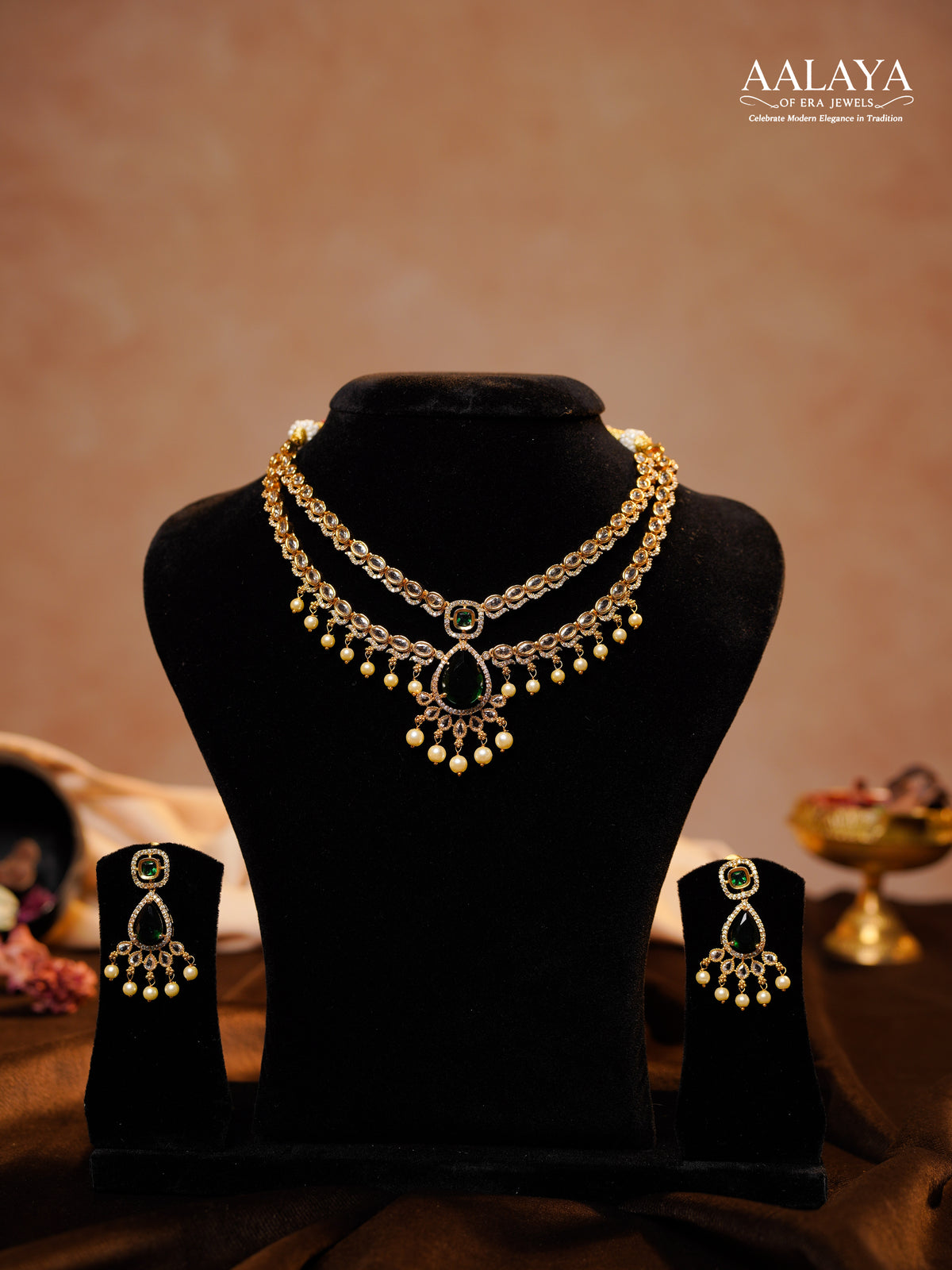 Aalaya Double Layered Polki Emerald Necklace Set