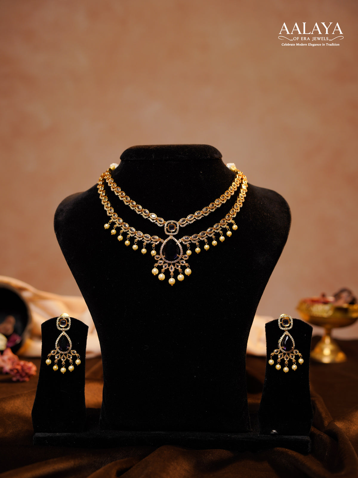 Aalaya Double Layered Polki Purple Pearl Necklace Set
