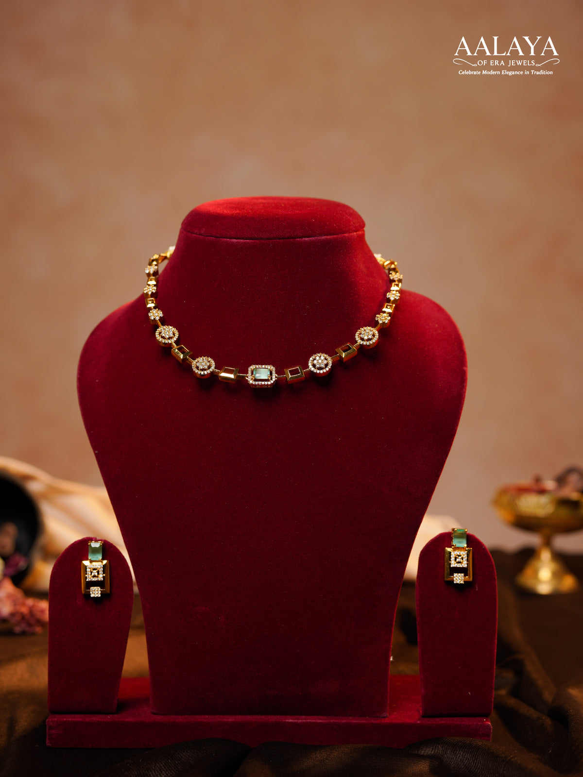 Aalaya Contemporary Sea Green Square Link Diamond Necklace Set