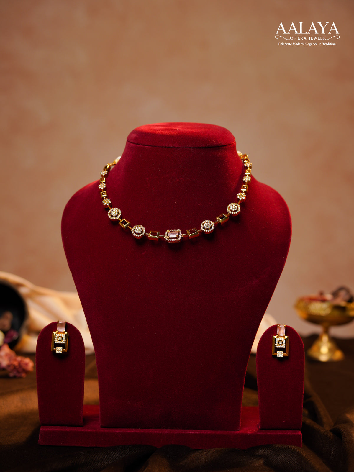 Aalaya Contemporary Pink Square Link Diamond-Finish Necklace Set