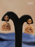 Aalaya Lakshmi Temple Pendant Necklace Set with Ruby-Linked Chain & Jhumkas