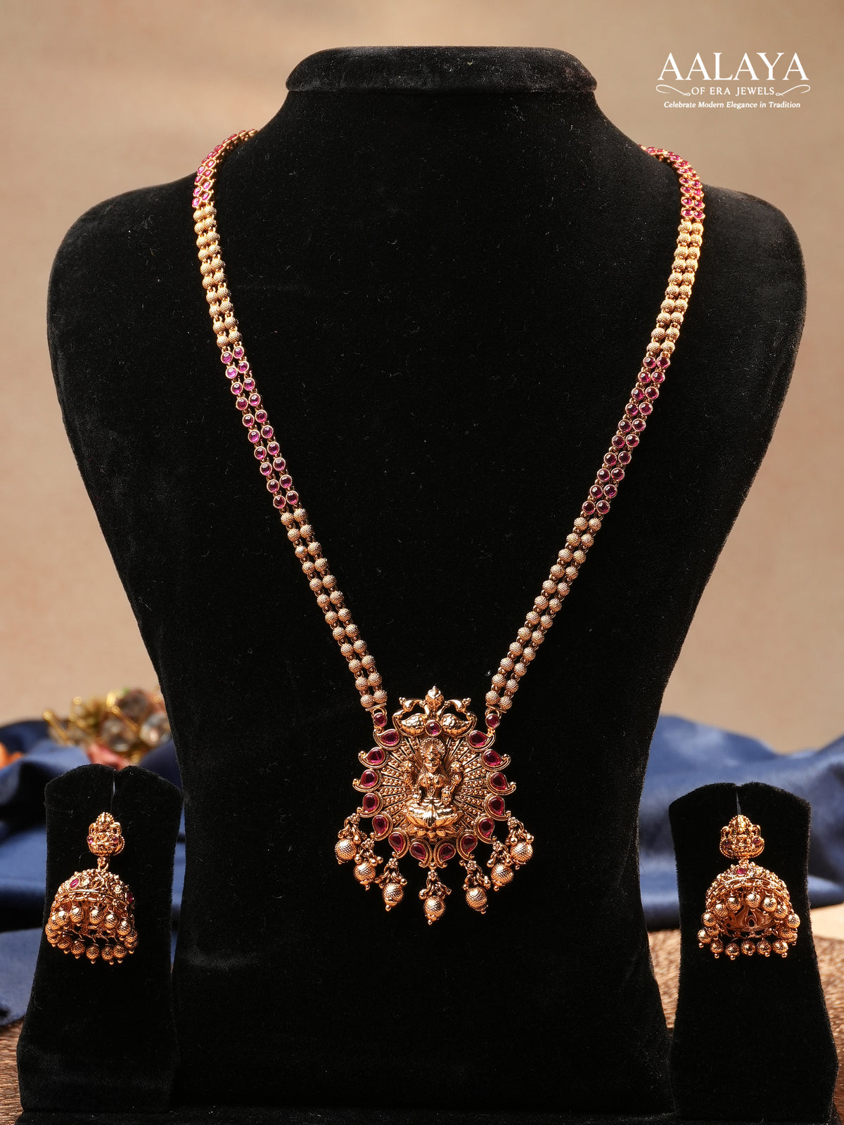 Aalaya Lakshmi Temple Pendant Necklace Set with Ruby-Linked Chain & Jhumkas
