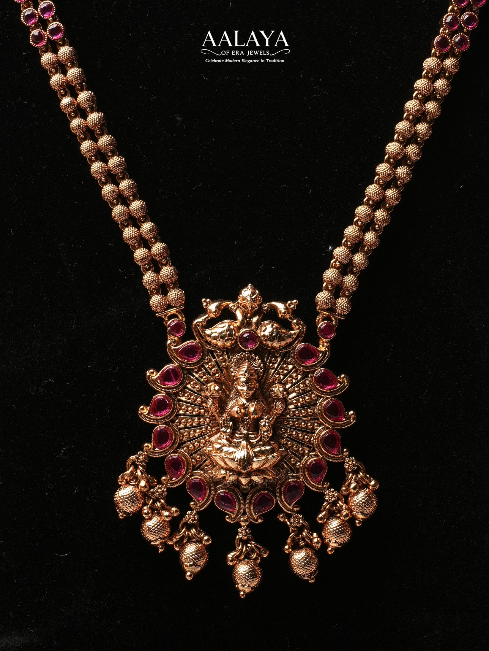 Aalaya Lakshmi Temple Pendant Necklace Set with Ruby-Linked Chain & Jhumkas
