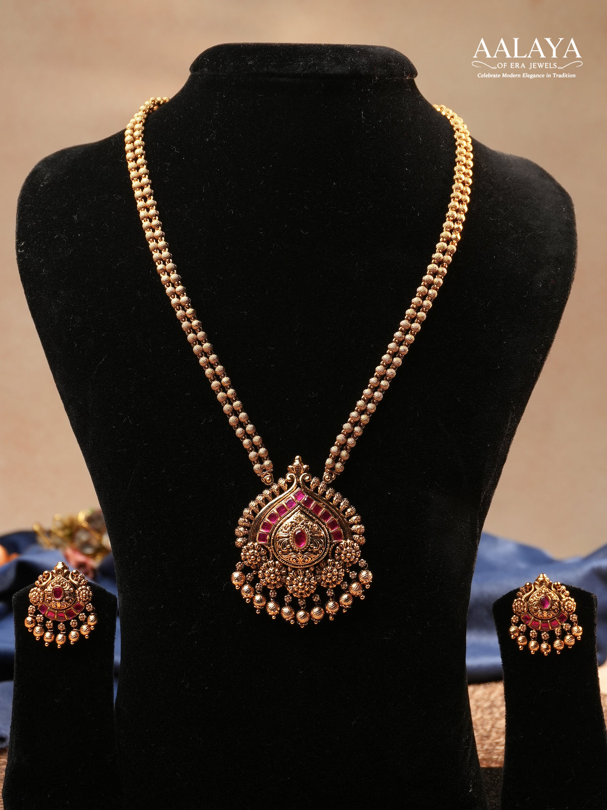 Aalaya Temple-Inspired Pendant Necklace Set with Ruby Arch Detailing