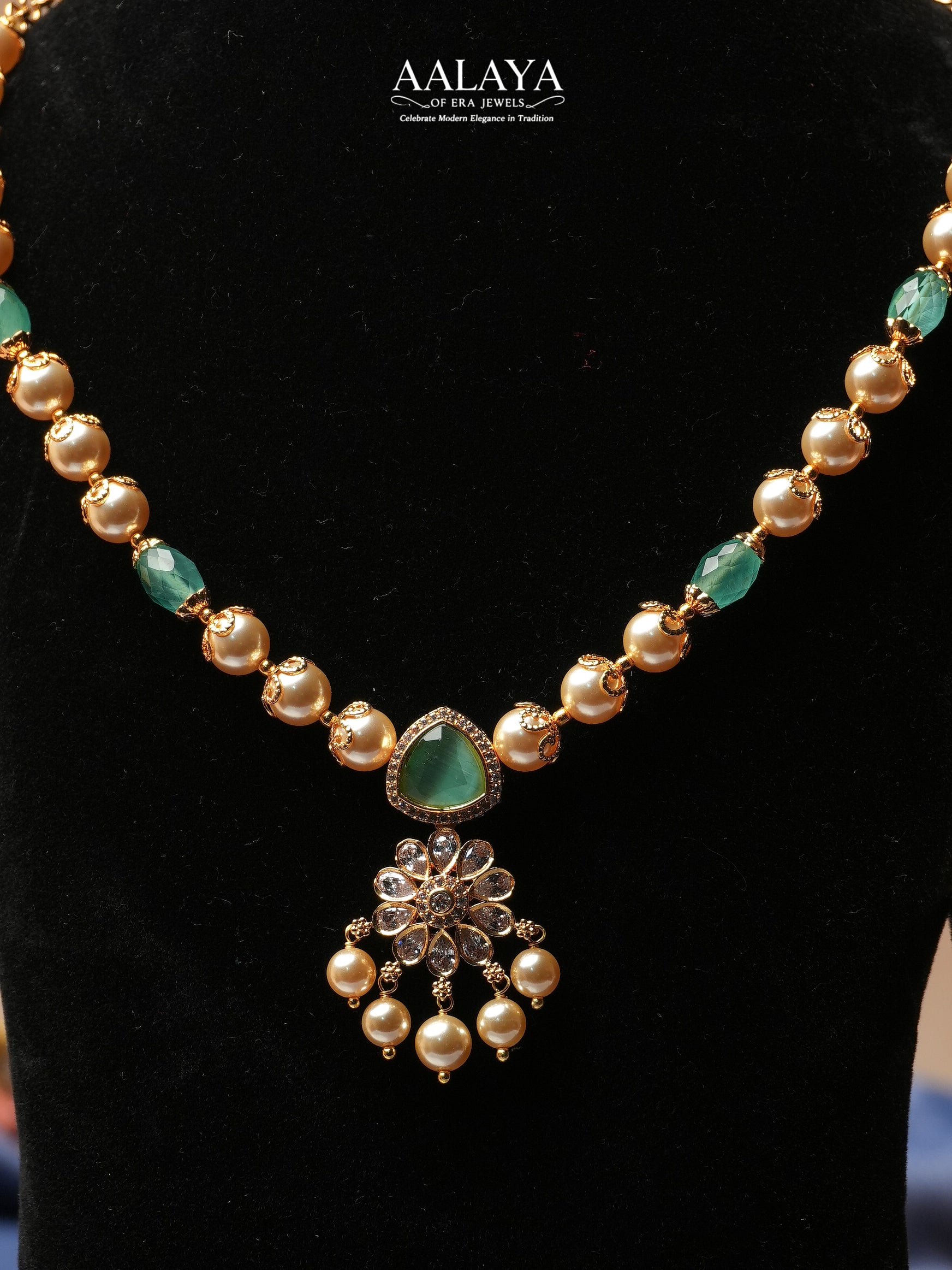 Aalaya Pearl Beaded Necklace Set with Sea Green Drop Pendant