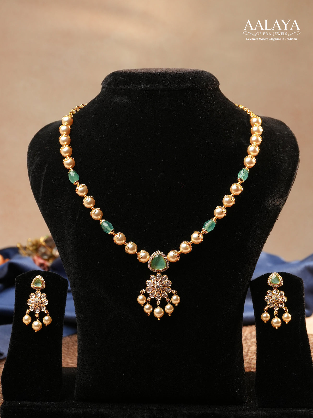 Aalaya Pearl Beaded Necklace Set with Sea Green Drop Pendant