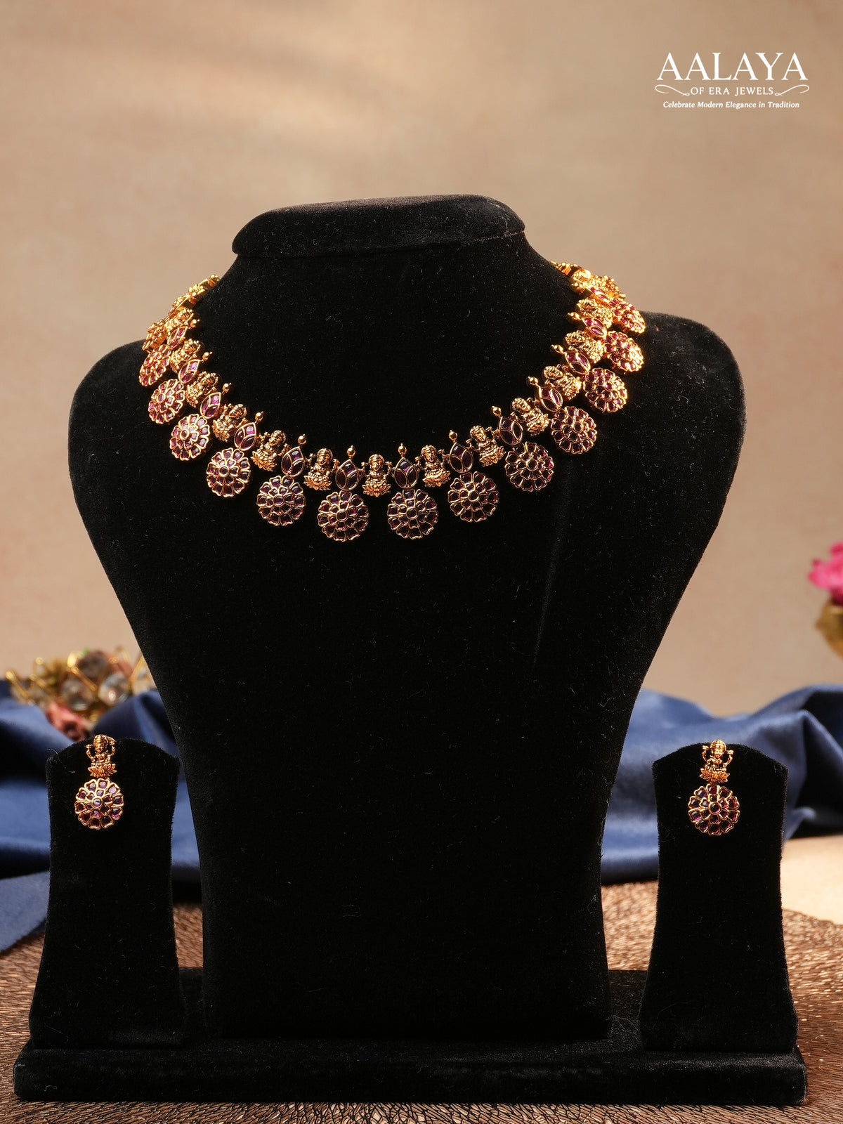 Aalaya Temple Choker Necklace Set with Ruby Lakshmi & Floral Coin Motifs