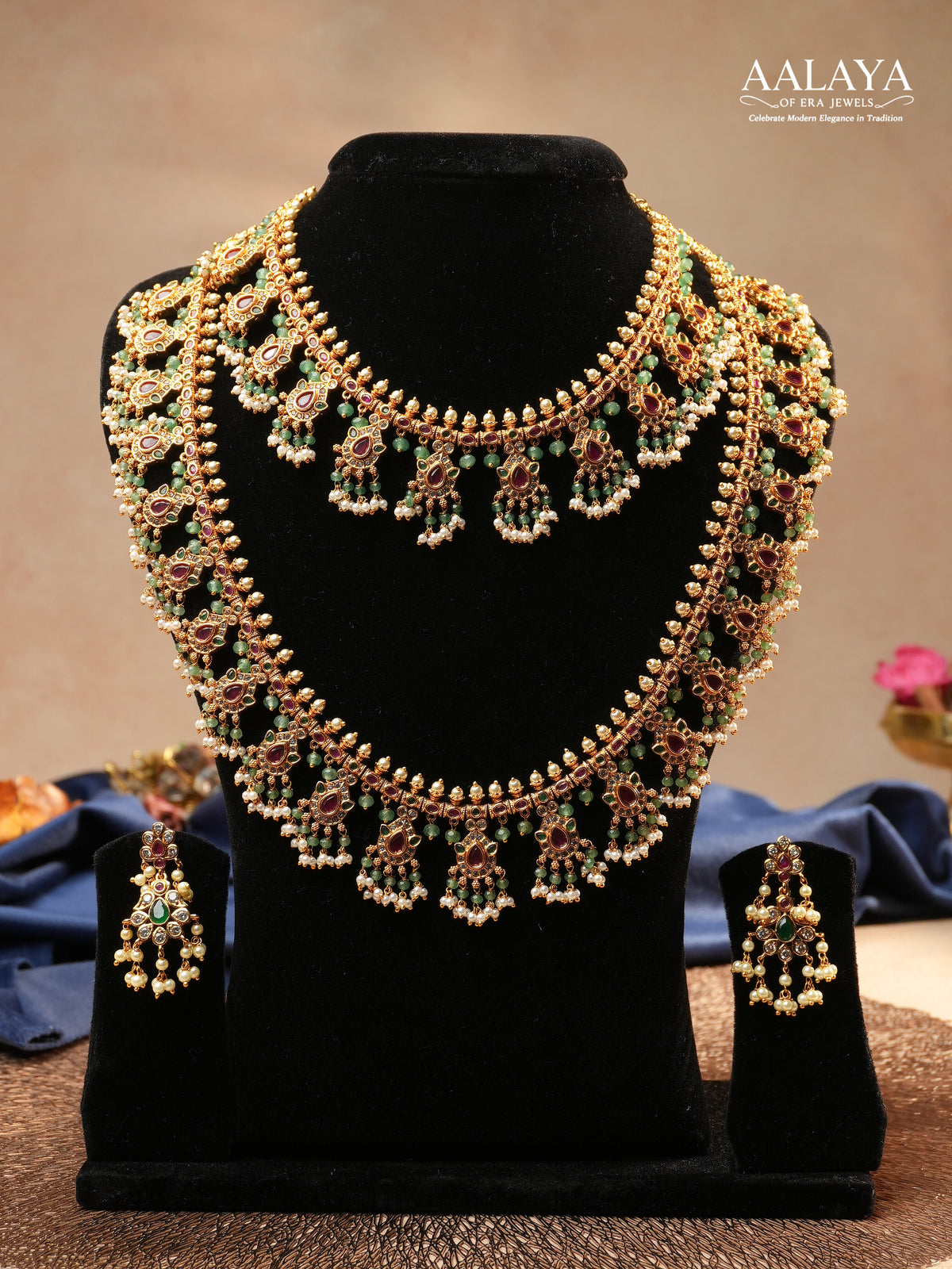 Aalaya Gutta Pusalu Temple Necklace Set with Ruby, Emerald & Pearl Danglers
