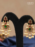 Aalaya Gutta Pusalu Temple Necklace Set with Ruby, Emerald & Pearl Danglers